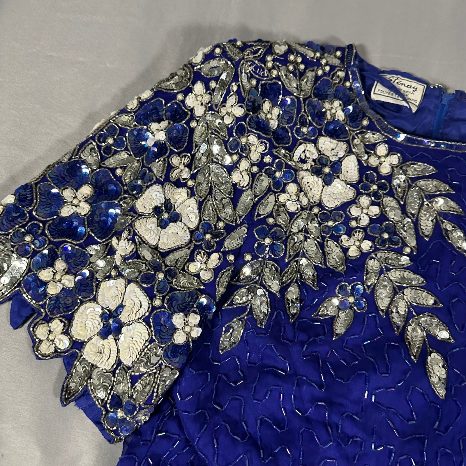 Stenay Beaded Silk Skirt Suit 14 Royal Blue Floral Sequin Vintage Excellent