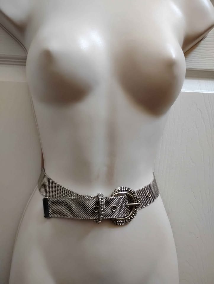 Vintage Large Metal Mesh Silver Waist Belt Adjustable Round Buckle Fits 31-35″
