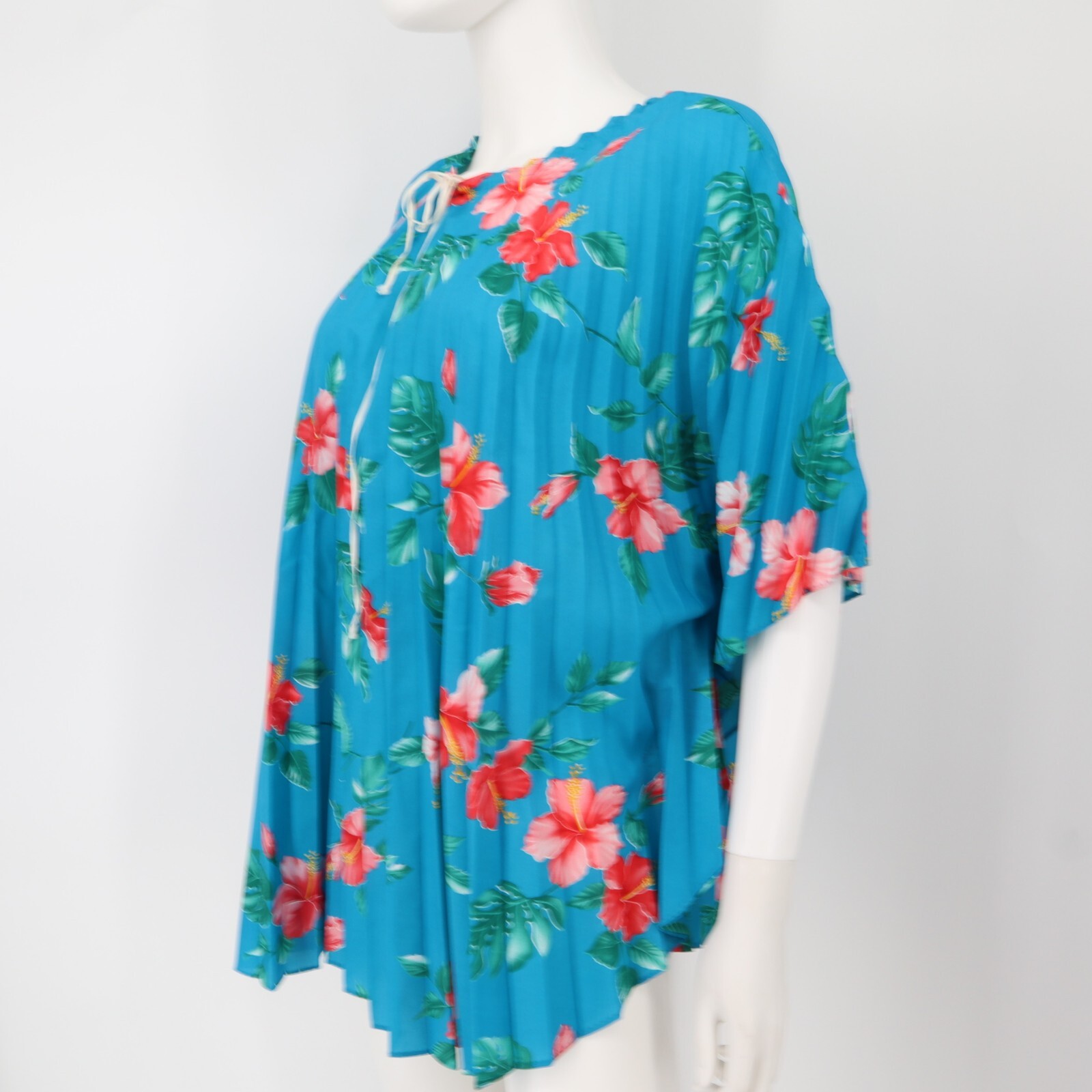 Vtg 70s Greencastle Barkcloth Top Tunic Accordion Pleats Hawaii Blue Floral O/S