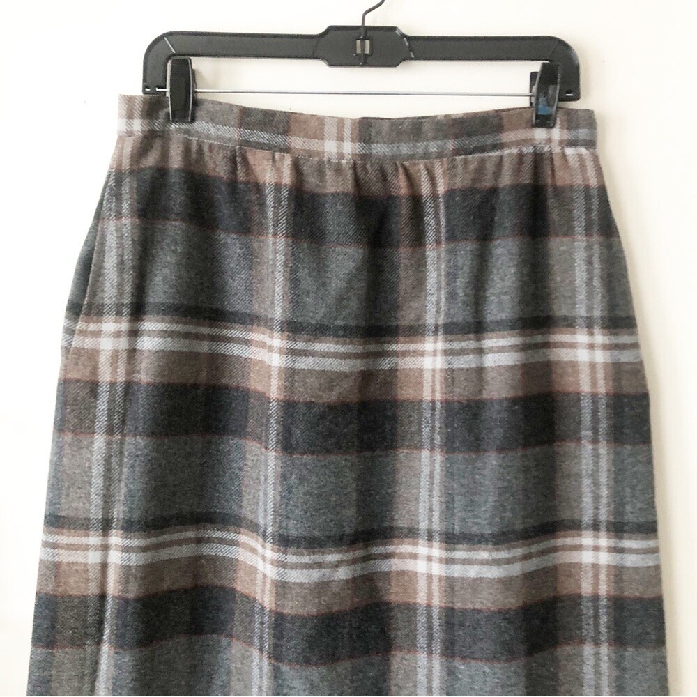 Vintage 80s Anderson Little Wool Blend Gray Plaid A-Line Midi Skirt