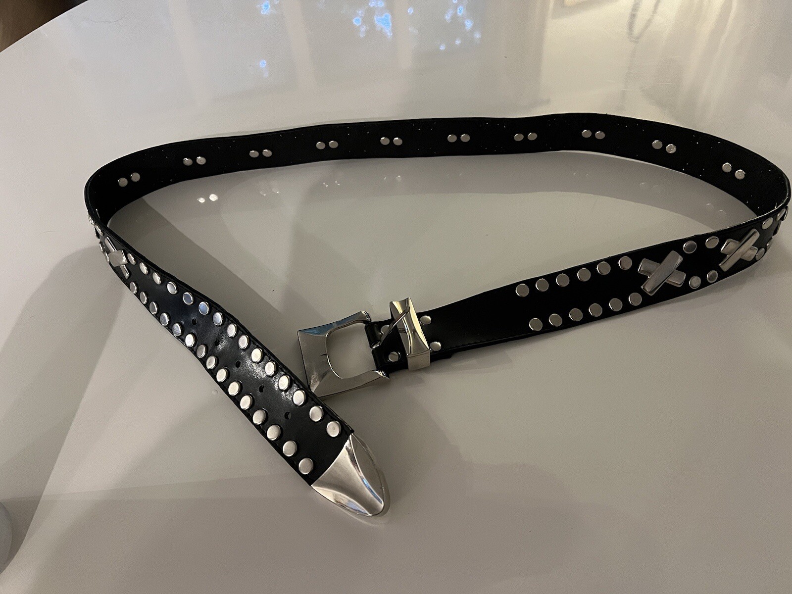 90s Punk Vintage Studded X Leather Belt XL Goth Bondage Industrial