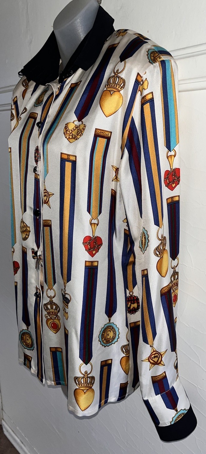 Vintage ESCADA 100% Silk Glamour Medals of Honor Button Down L/S Shirt Sz 36 6