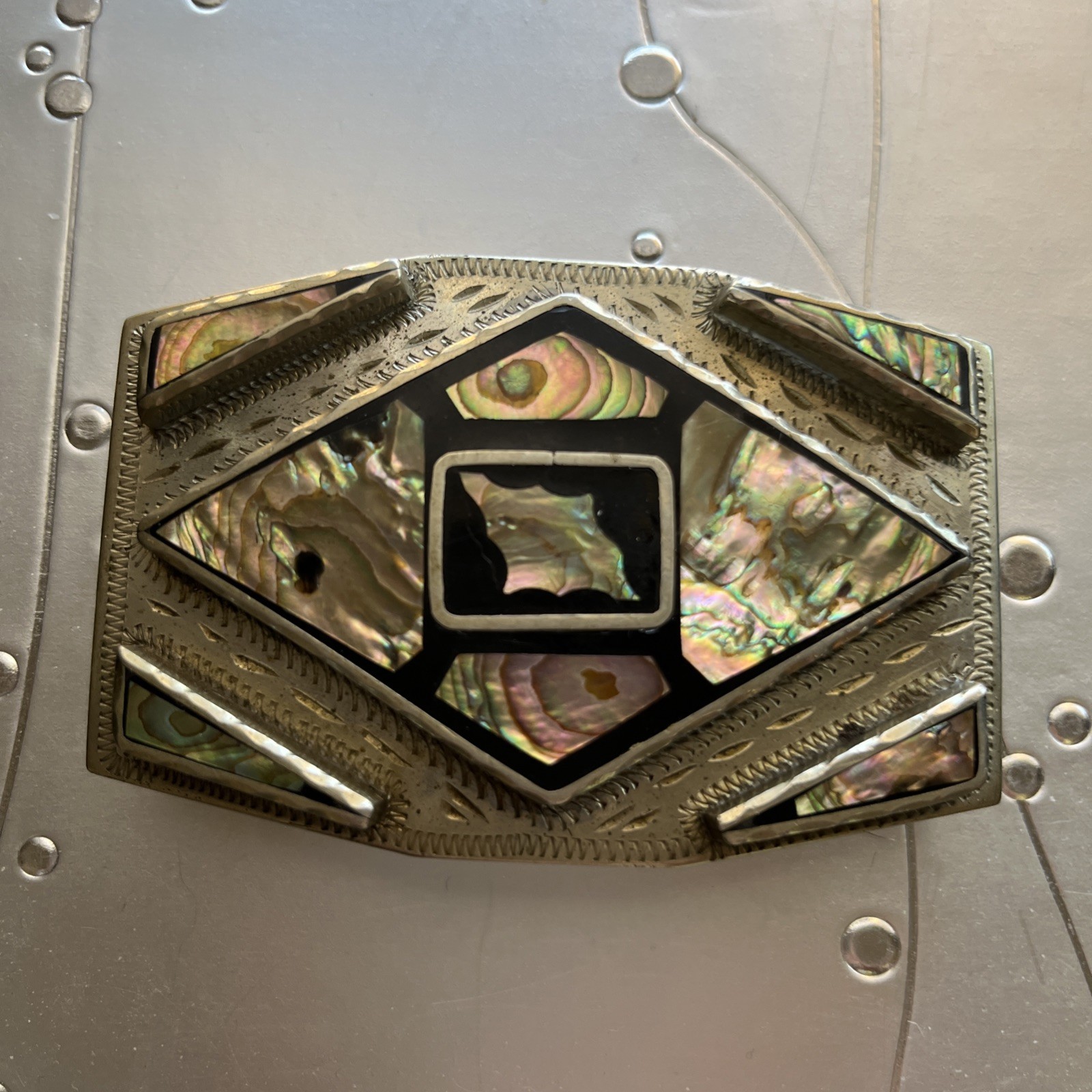 Belt Buckle Inlaid Abalone Shell, Mother of Pearl 3.5”x2.5”. Silvertone