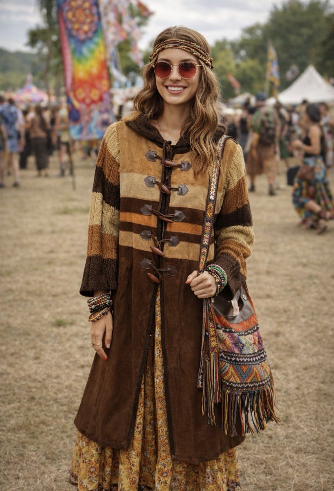 Vintage 1970s Edelstein Imports Suede Patchwork Hooded Coat Boho Folk Festival