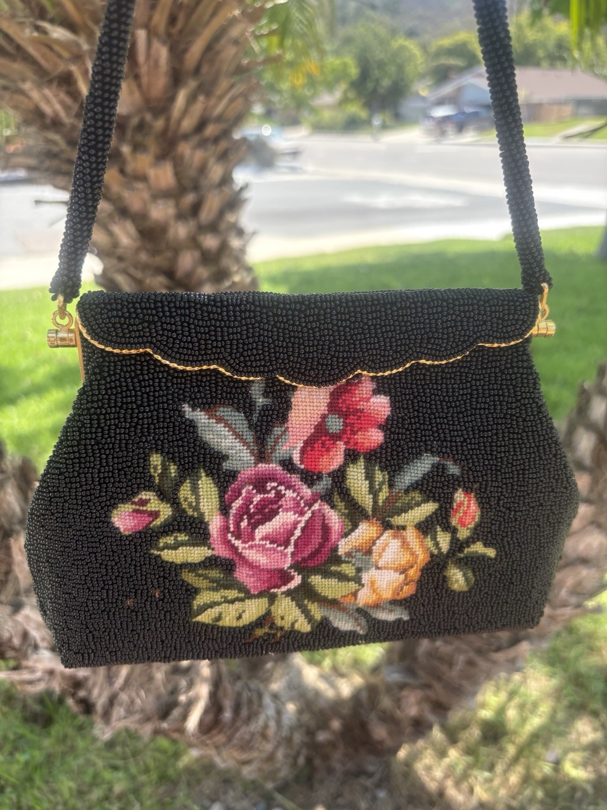 Vintage Black Beaded Handbag With Floral Needlepoint Design