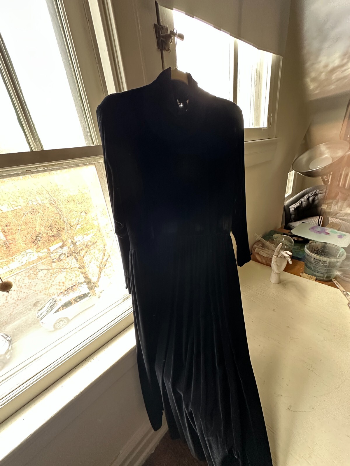 Vintage 1980s Designer Calvin Klein Black Velvet Evening Midi Maxi Dress Size 10