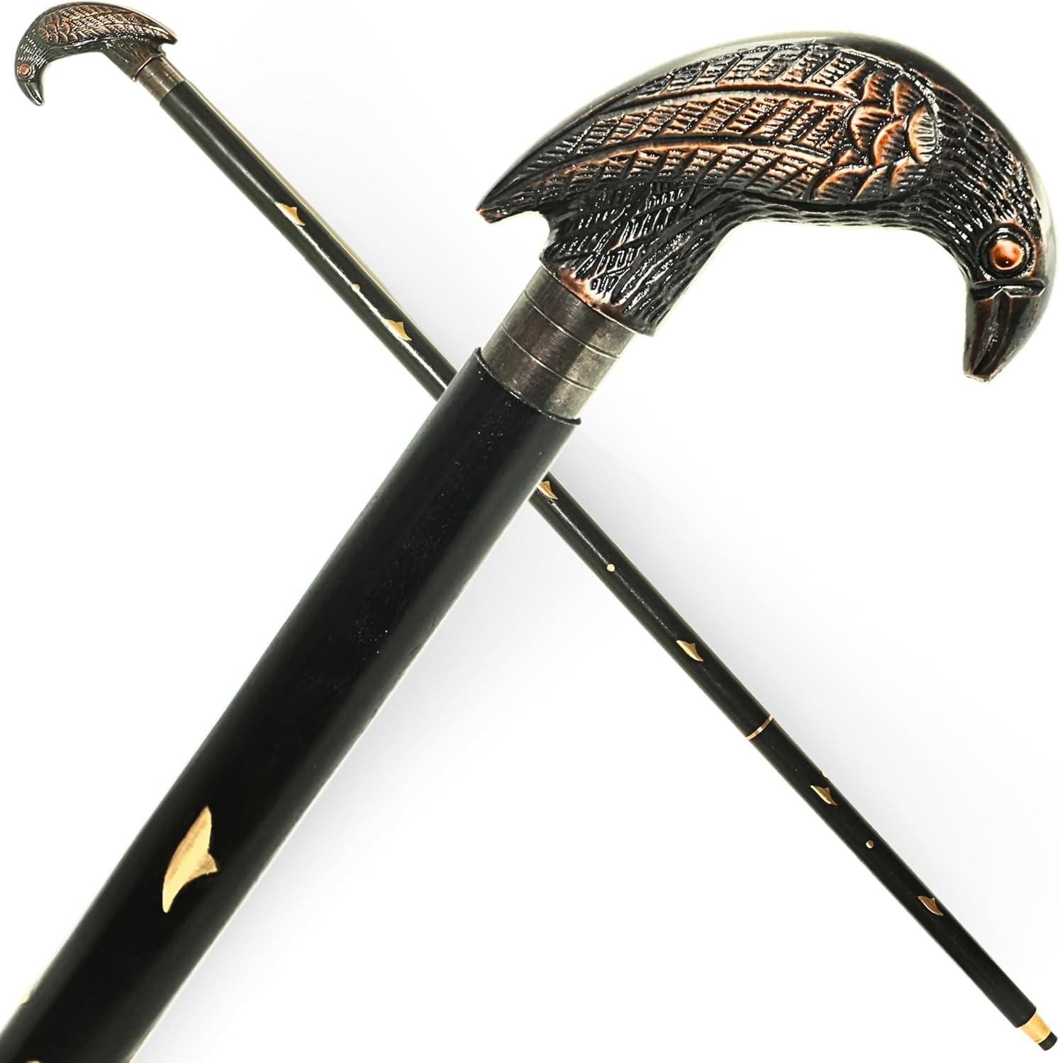 Antique Brass Raven Handle Designer Style Wooden Walking Stick Vintage Cane Gift
