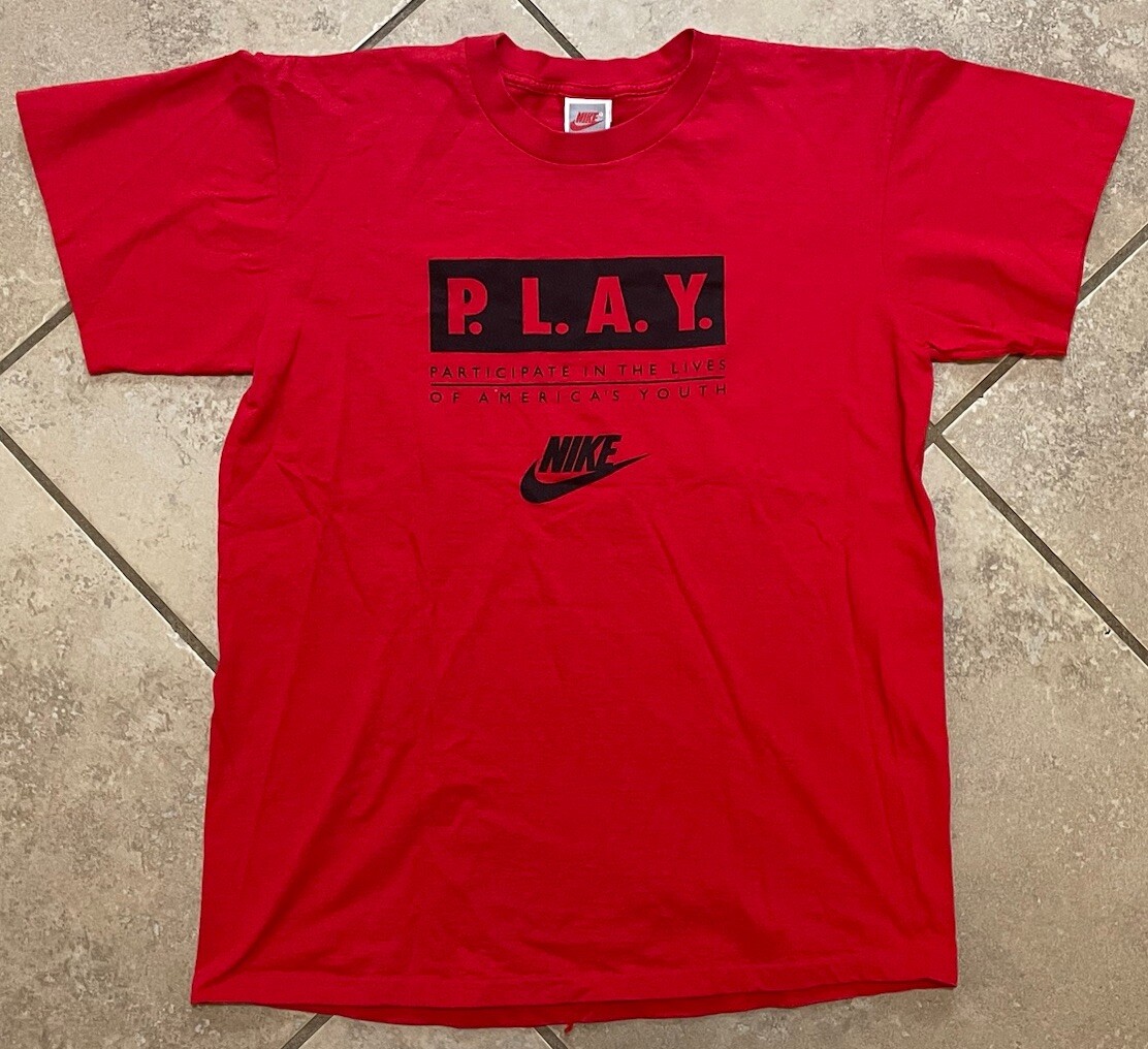 Vintage Single Stitch 1996 Nike TShirt P.L.A.Y Red Large Double Sided Print