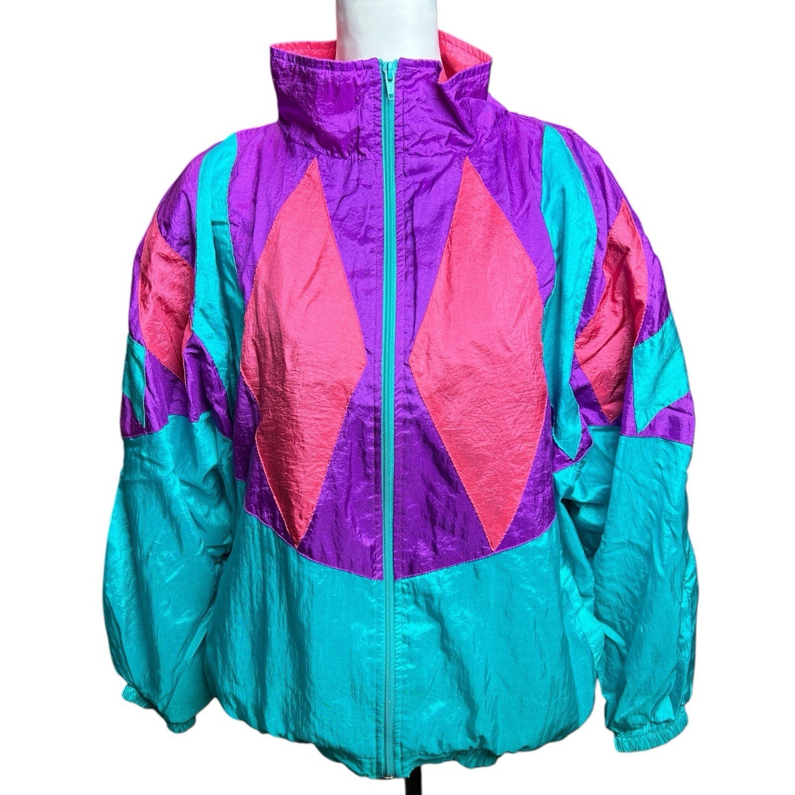 1980’s Vintage Turquoise Pink Purple Color Block Windbreaker Track Jacket Large