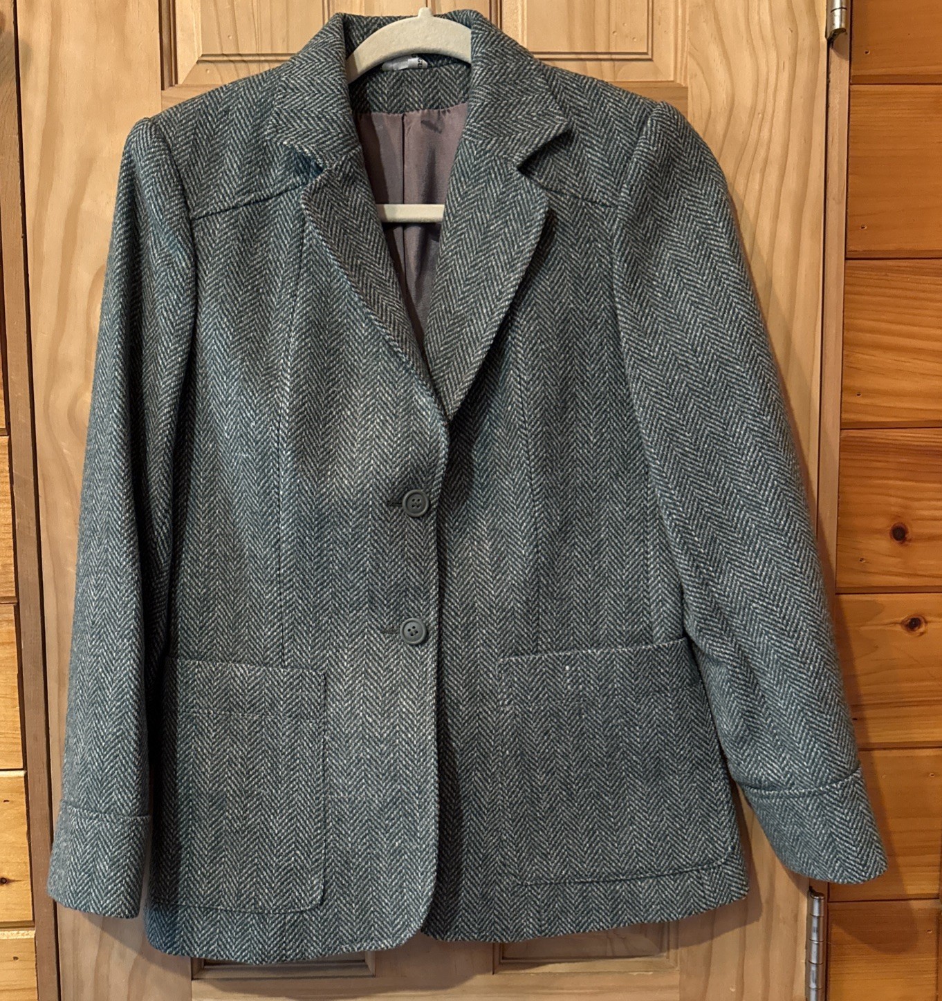 100% Wool Womens Blazer Size 7/8 Made In Uruguay Green Tweed Herringbone ￼