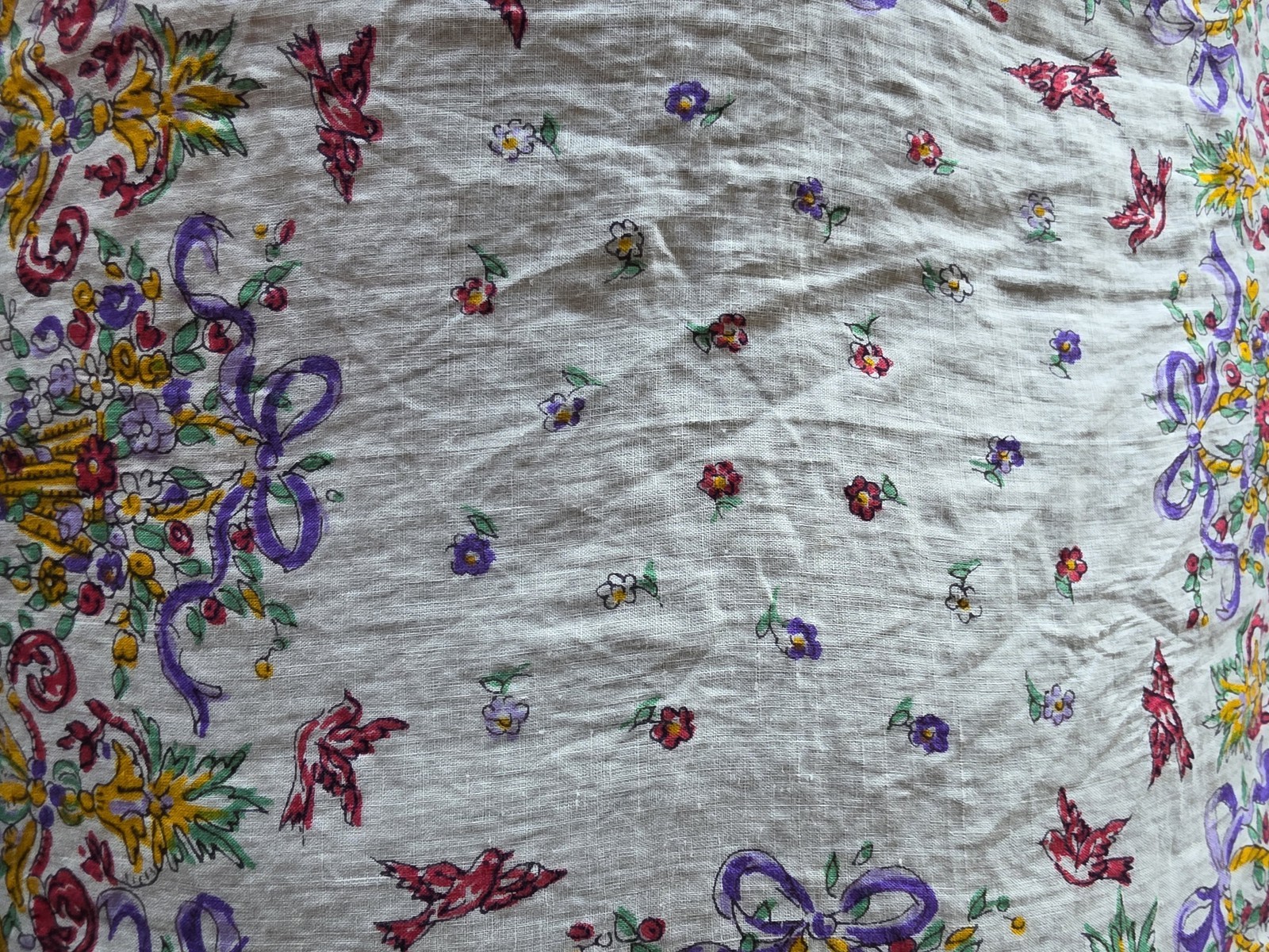 Vintage Handkerchief White Blue Yellow Red Purple Classic Hanky Flower Bird Bow