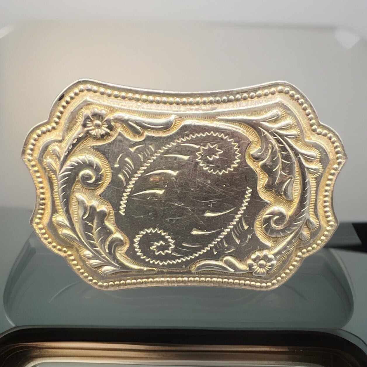 Vintage Silver/gold Plate Belt Buckle Floral Swirl Rodeo Ranch Cowgirl Redneck