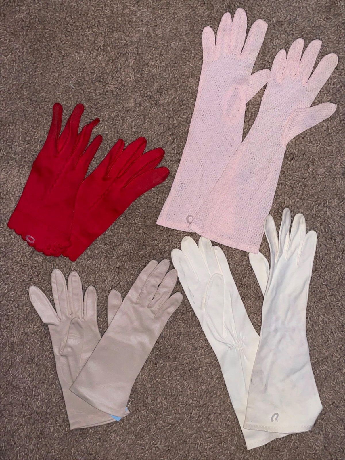 VTG WOMENS 7 COTTON SUEDE LIKE KNIT PATTERN PINK WHITE RED CUFF GLOVES LOT