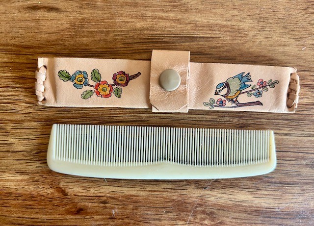 Vintage 1950’s Leather Hand Painted Birds/Flowers Wallet & Comb Set