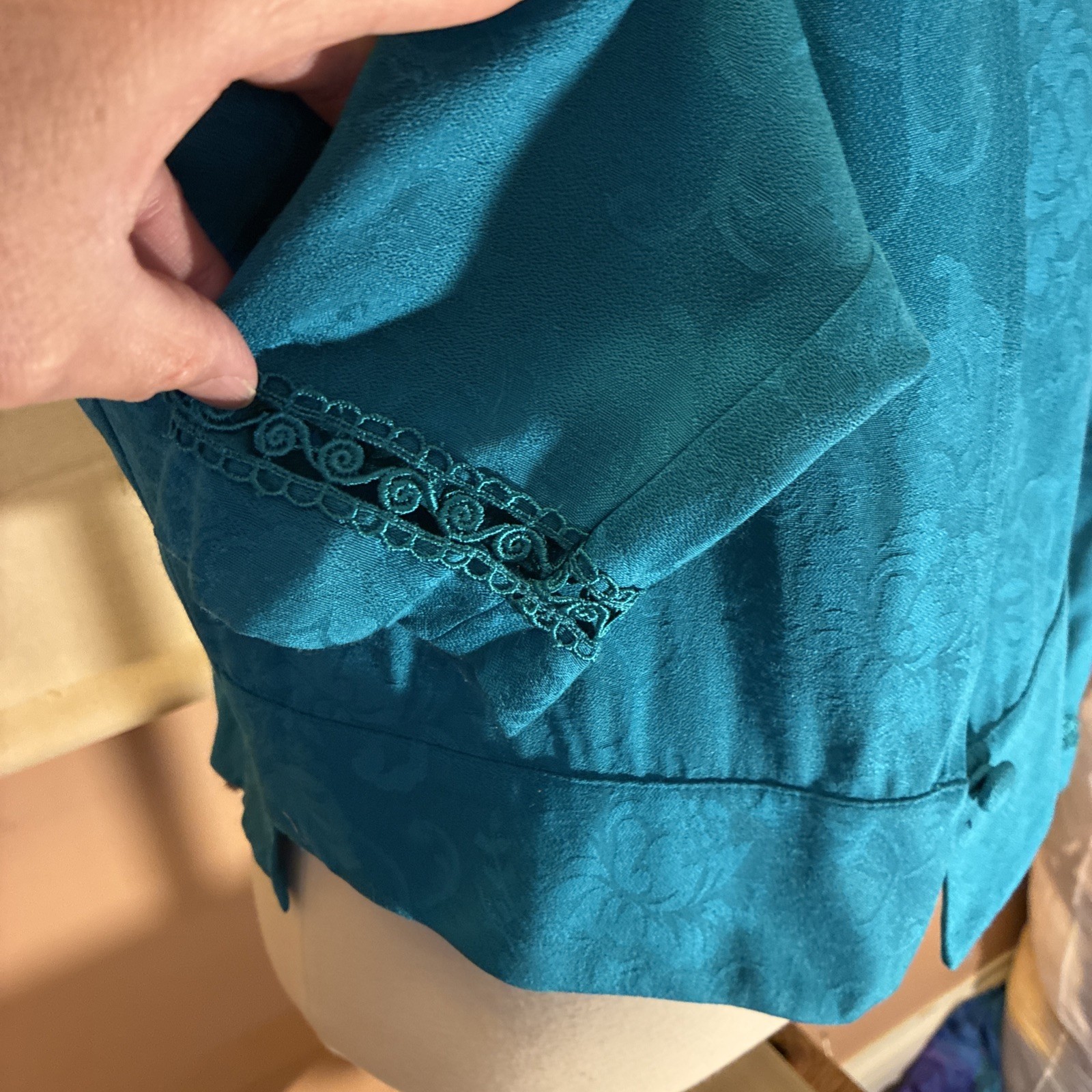 VNTG Women Teal Blue Jacket Shirt Buttons Lace Embellished 10 P Blue Unique 90s