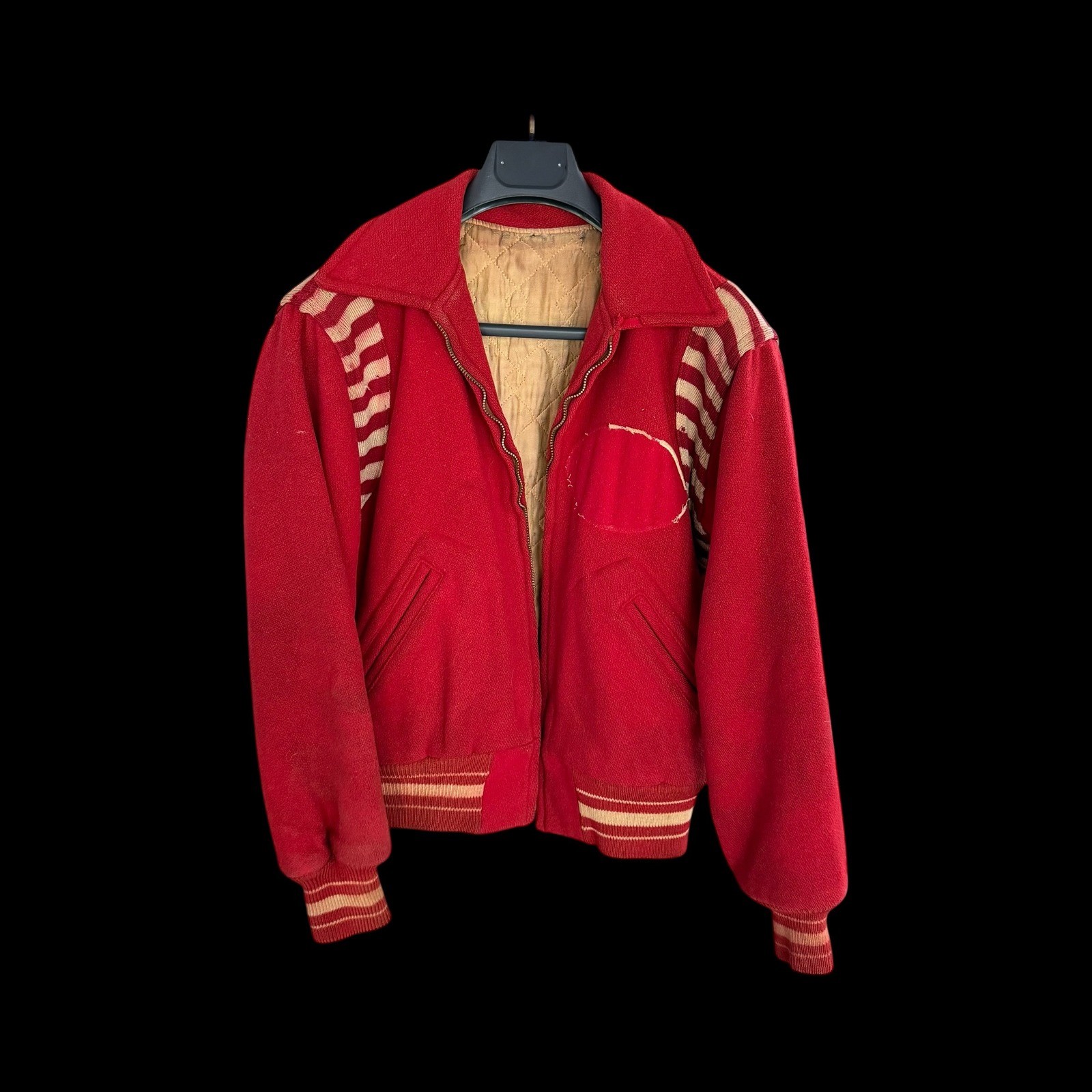 Vintage 50’s Red Wool Varsity Bomber Jacket Striped Trim Broken Zip Mens Small