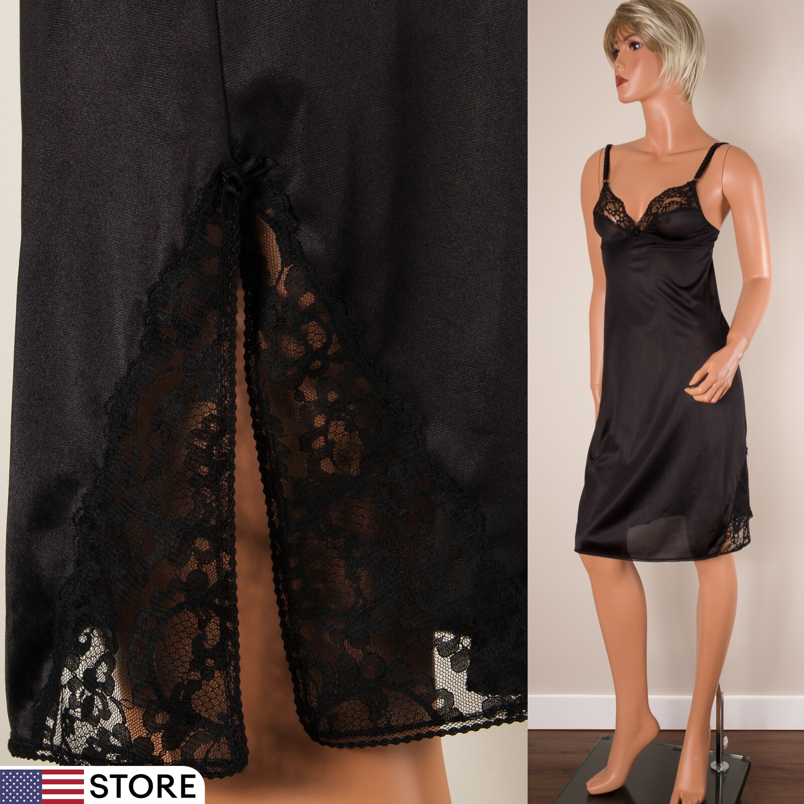 💖 MAIDENFORM SWEET NOTHINGS Sz 32 Black Full Slip Dress Nylon Lace Slit ILGWU