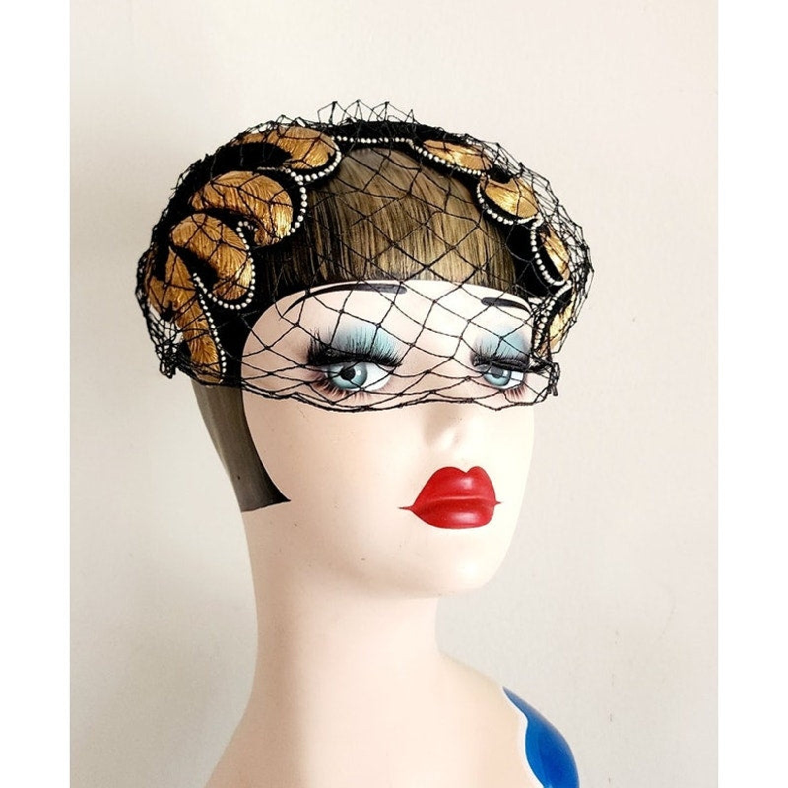 Vintage 1950s Bes-Ben Hat Black Wool Gold Feather Veil Chicago Millinery OOAK