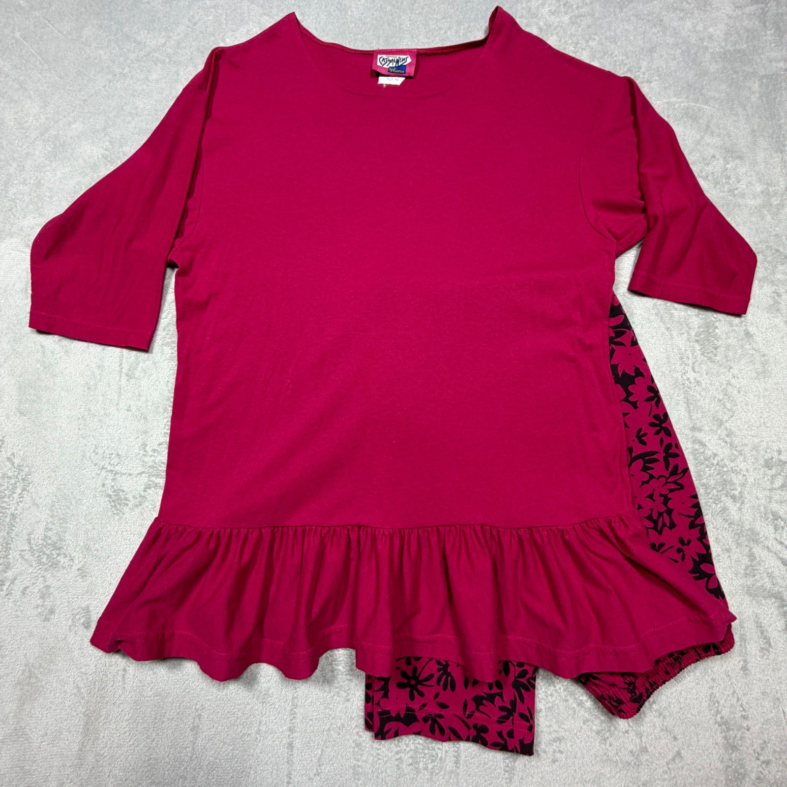 Vintage 90s Magenta Pink Cotton Blend Peplum Tunic and Floral Pants Set XL Artsy
