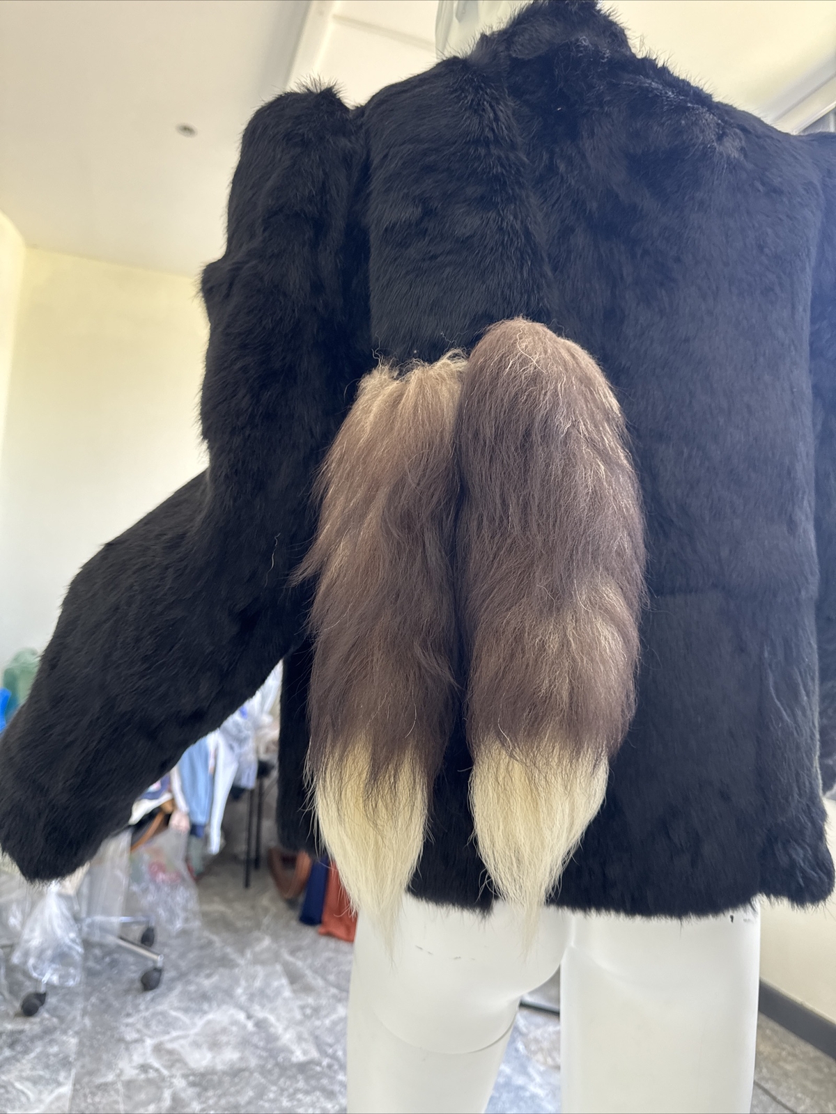 Vintage Black Dyed Rabbit Fur, 100% Genuine, Size S With Fox Tales