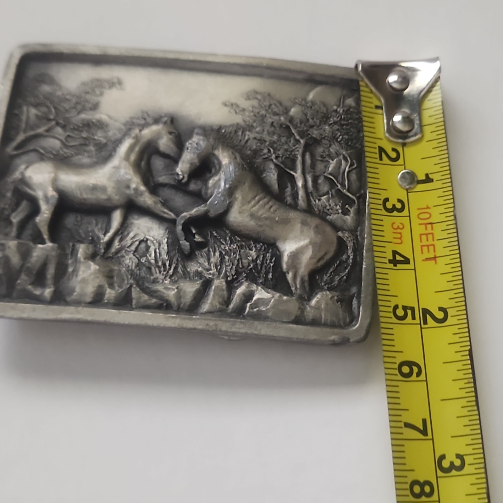 Vintage 1978 IMC Pewter Belt Buckle Two Wild Stallions Horses Western Americana