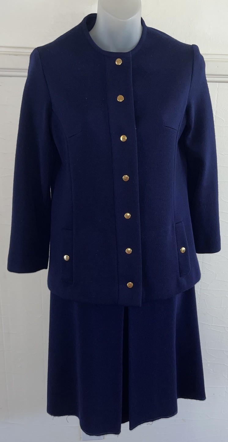Vintage 60s Navy Wool Knit Blazer Suit Skirt Marchesa de Gresy Italy I. Magnin 8