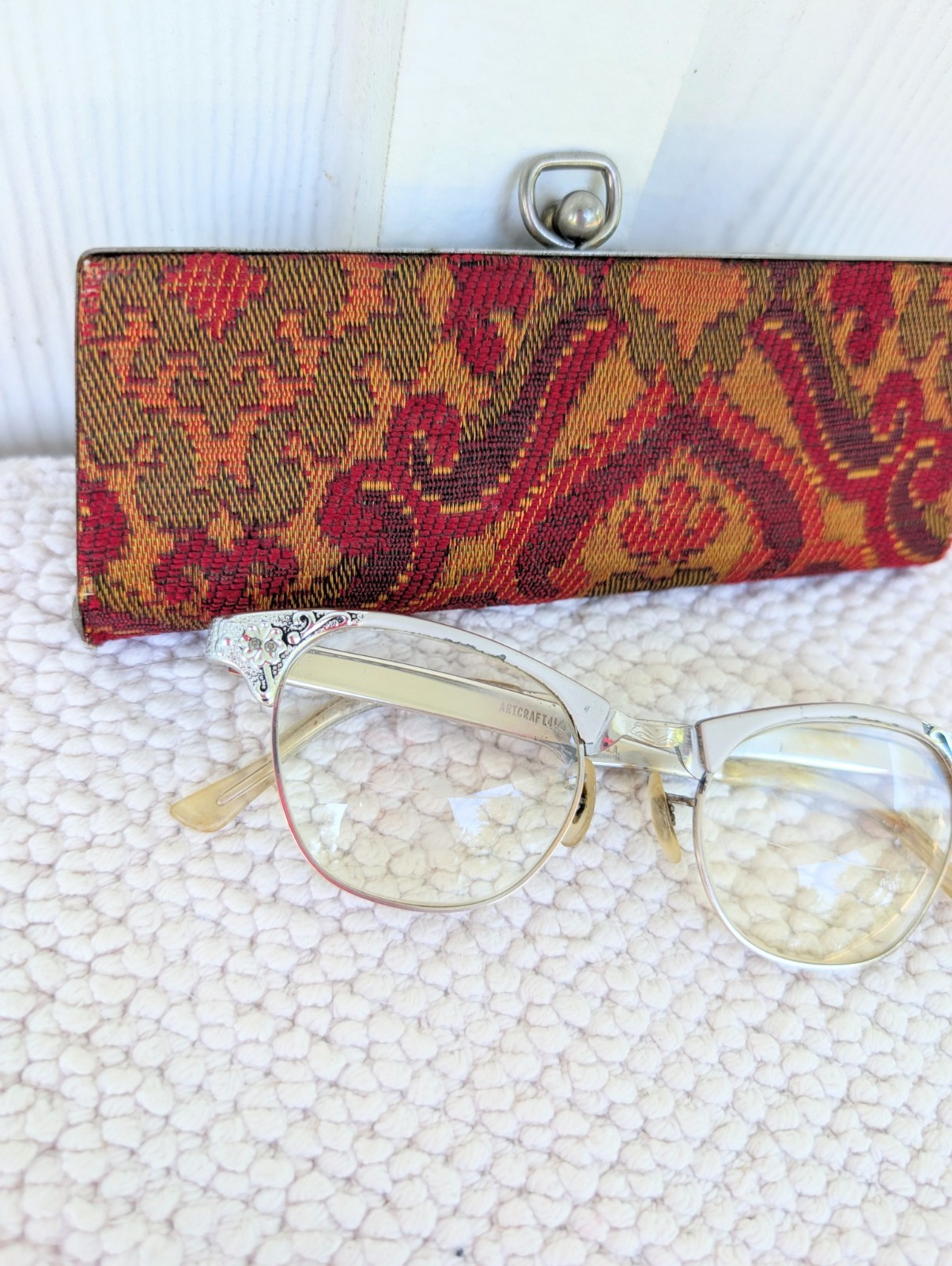 Vintage 1960s silver aluminum Floral Glasses FRAMES With Tapestry Case