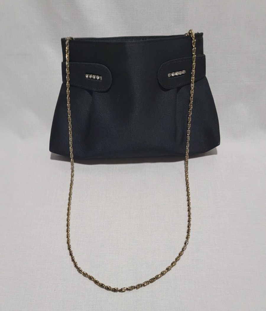 VINTAGE WALBORG WOMENS BLACK PURSE WITH CRYSTAL ACCENTS AND GOLD METAL STRAP