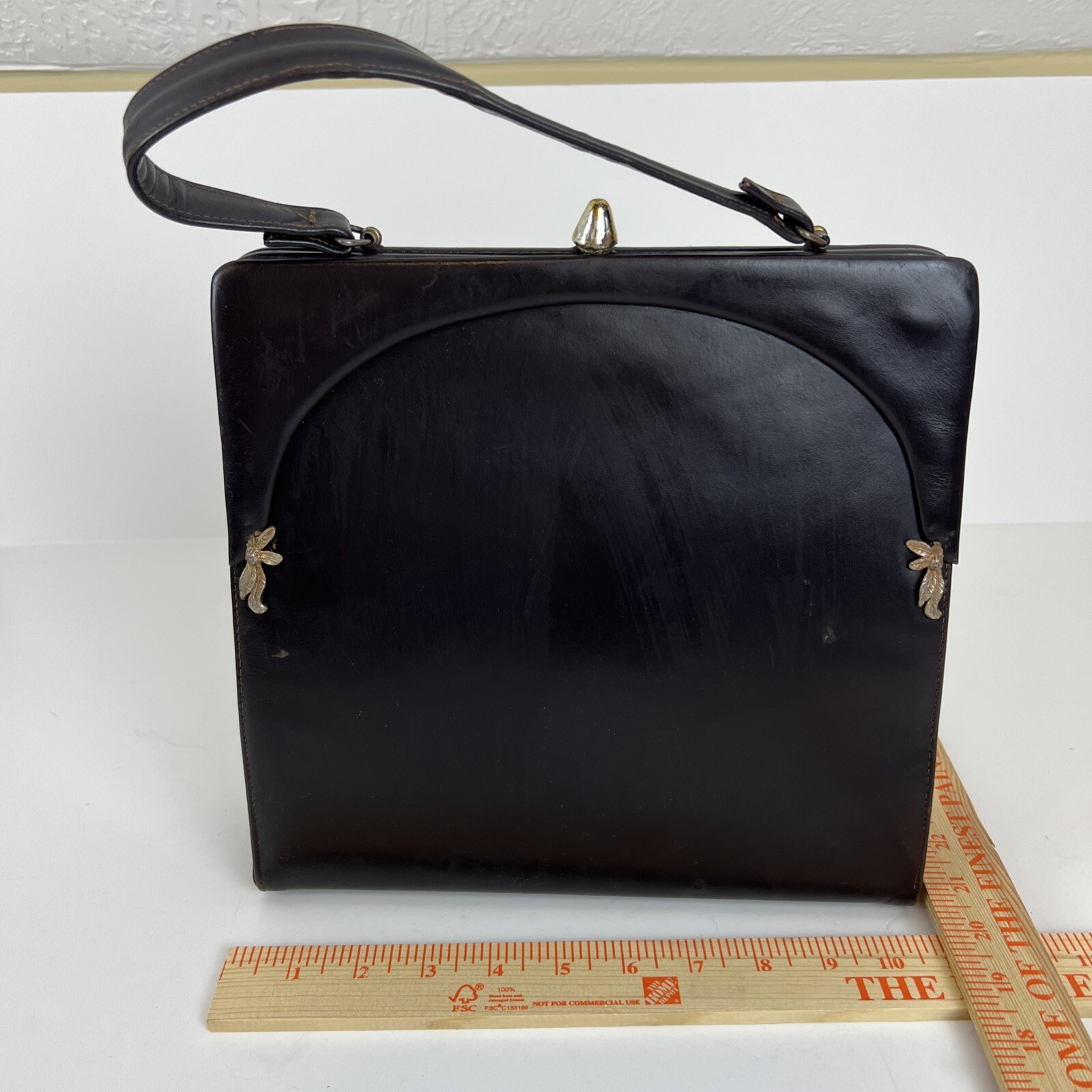 Vintage 1960s Brown Leather Handbag with Brass Detail Purse Mid-Century