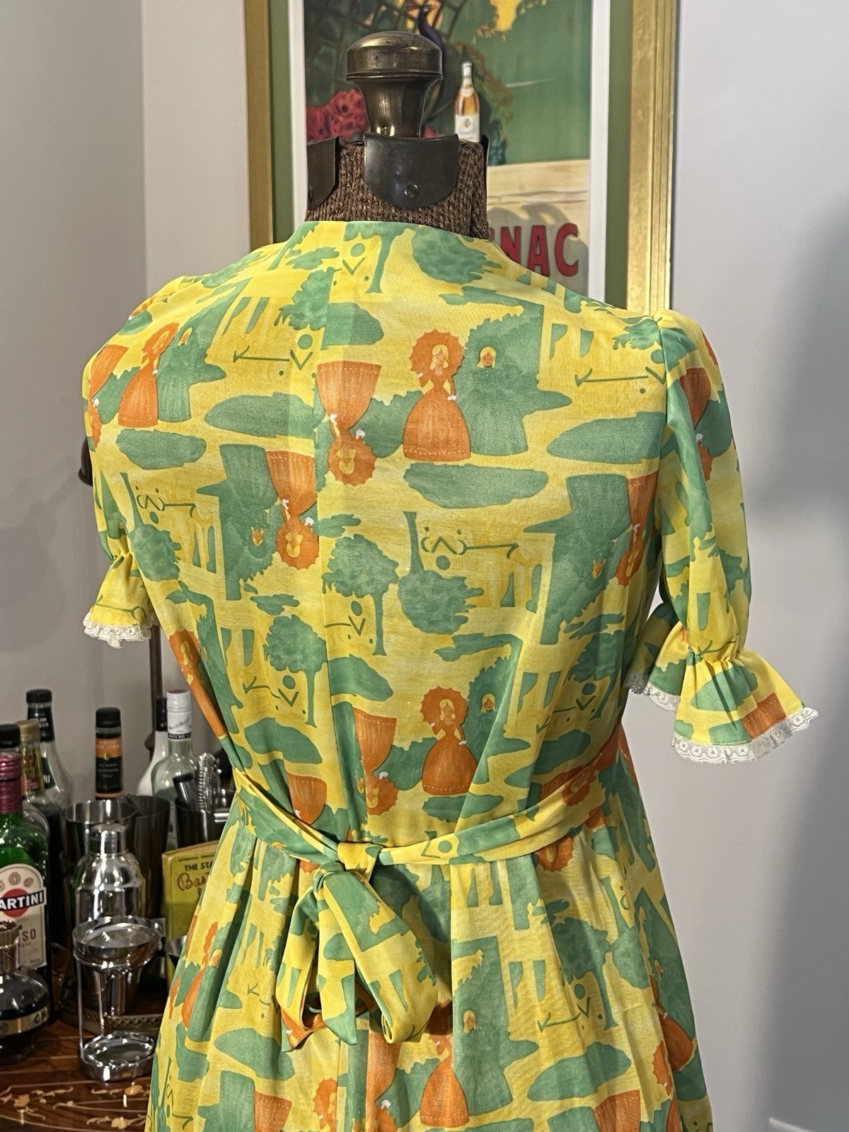Vintage 1970s Handmade Yellow & Green Empire Dress with Lace Trim