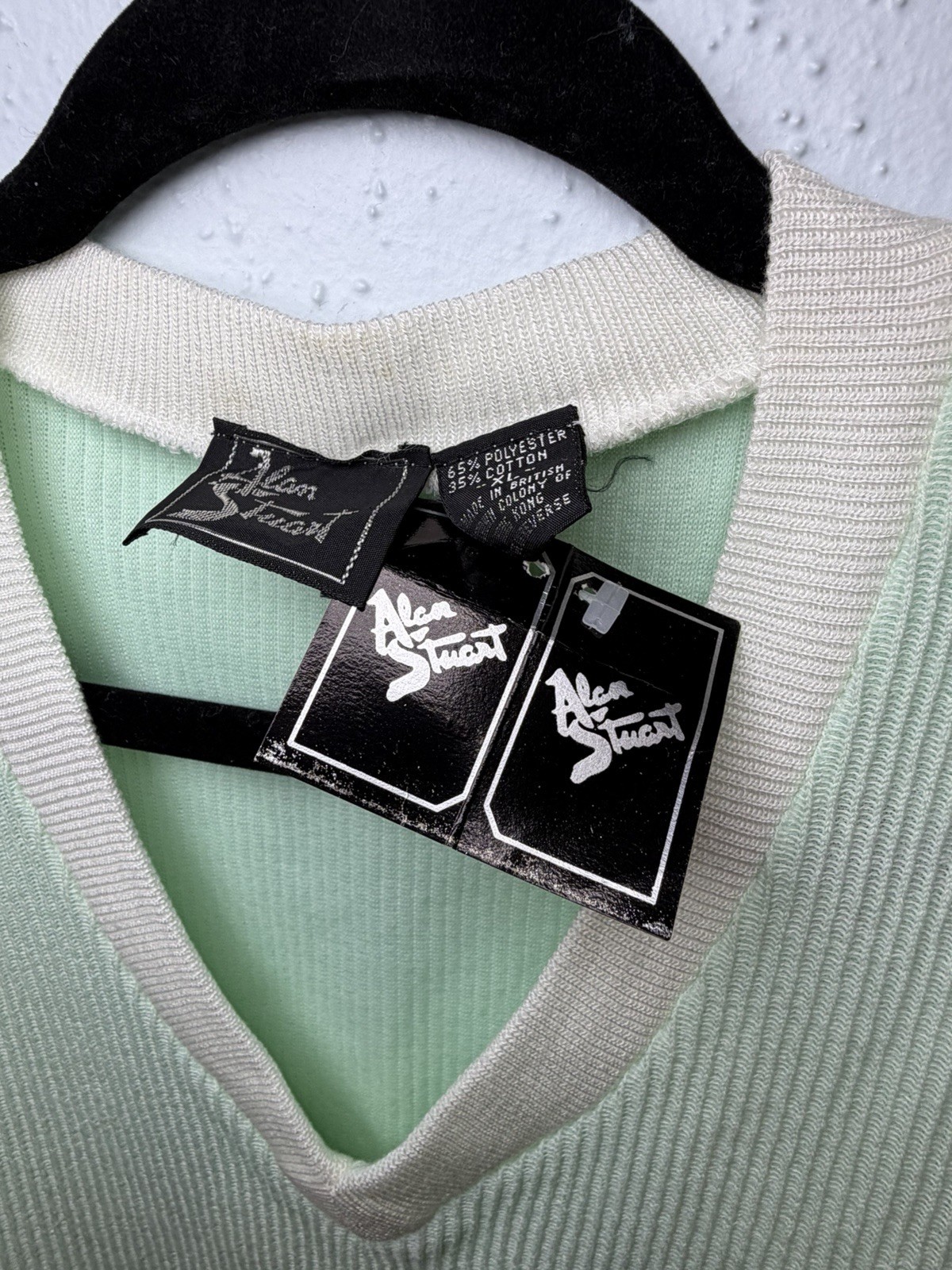 Vtg Alan Stuart Seafoam Green/Ivory Diagonal Design V neck Ribbed Mens Top Sz XL