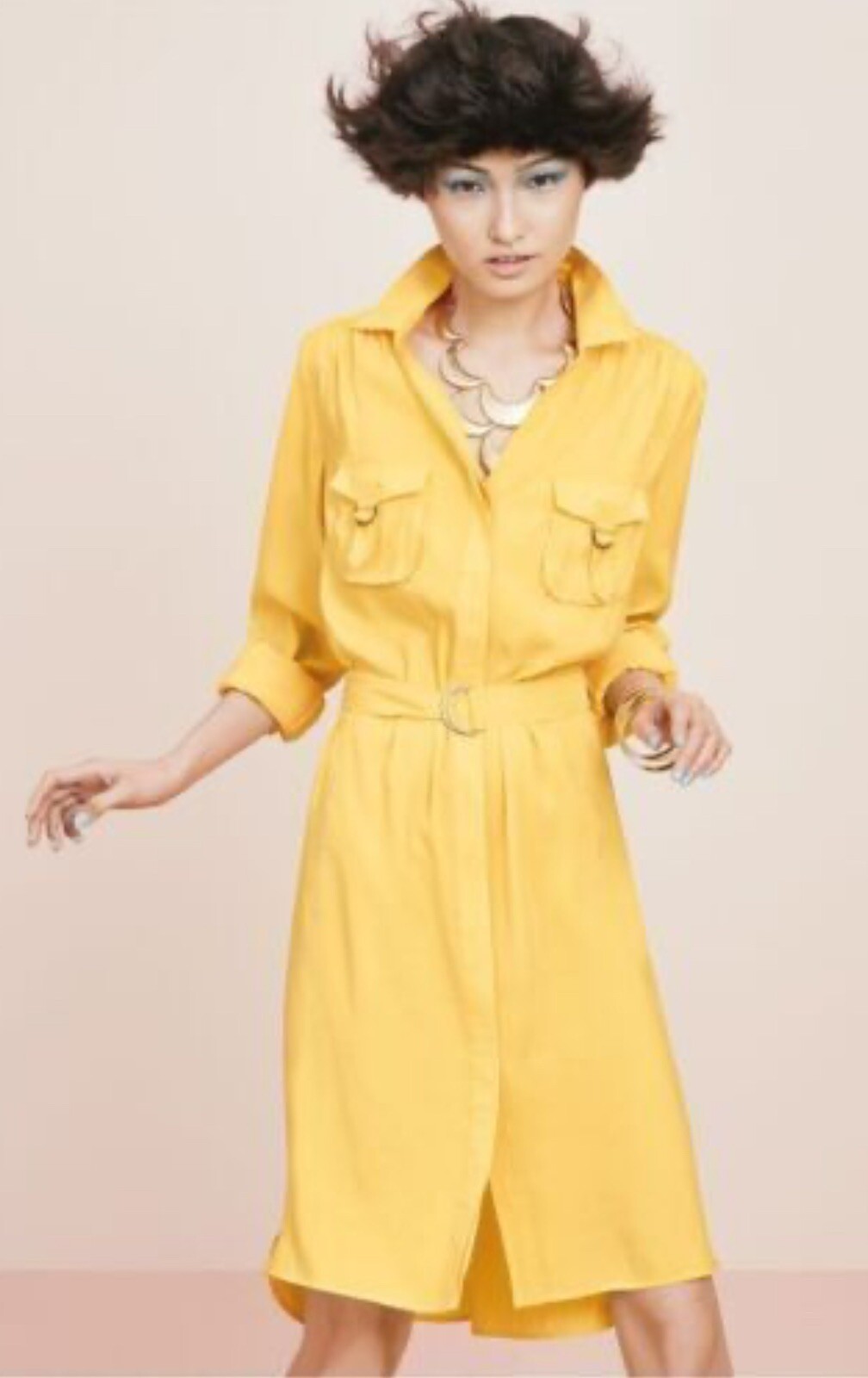 Vintage 90s SUZI CHIN Yellow Shirt Dress Size 6 Petite Belted Roll Up Sleeves