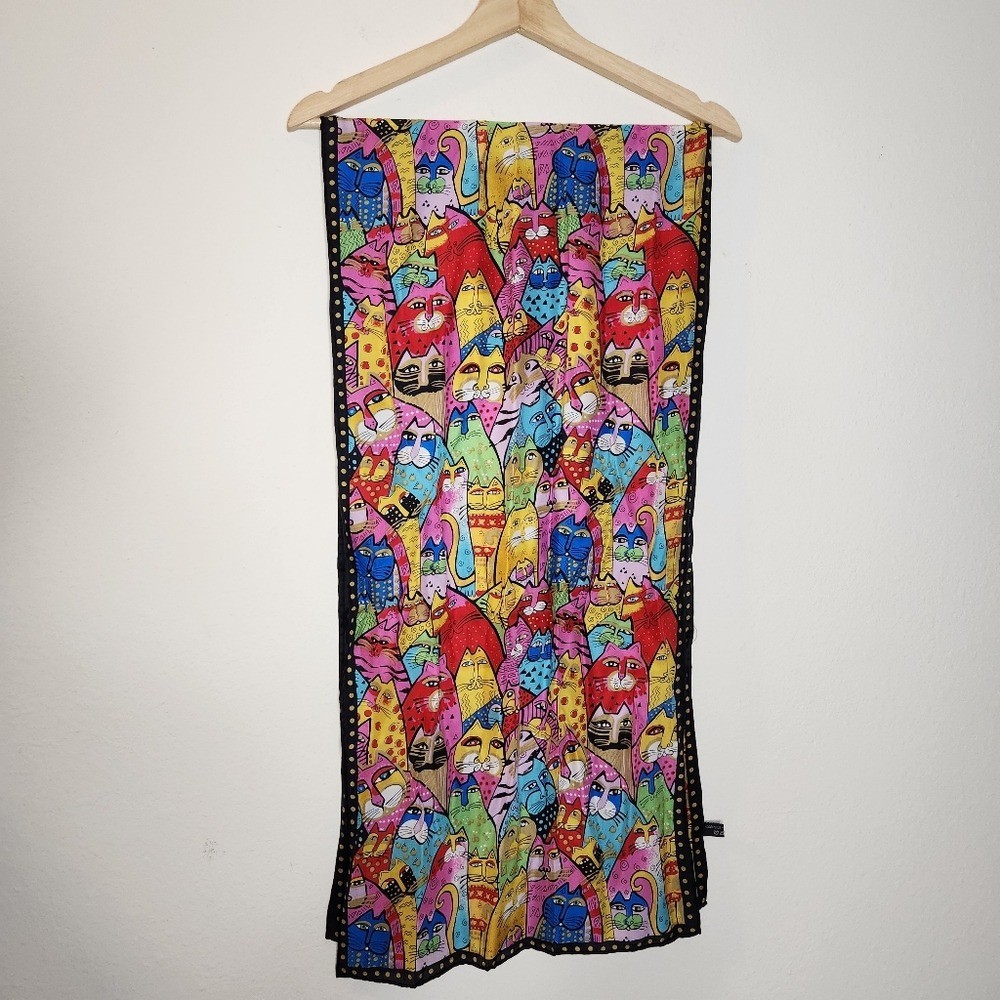 Laurel Burch Colorful Cat Scarf Vintage 100% Silk