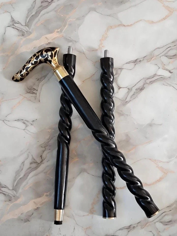 Vintage Black Wooden Walking Stick Cane Brass Floral Derby Handle 3 Piece Gift
