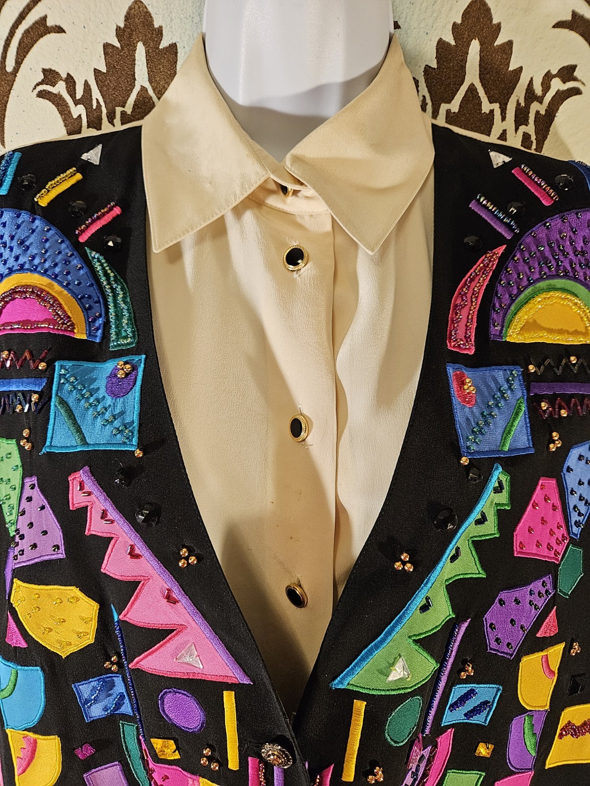 Vtg. 80-90s Y2K IB DIFFUSION Women’s 8 Silk Blouse Top Vest Neon Geometric