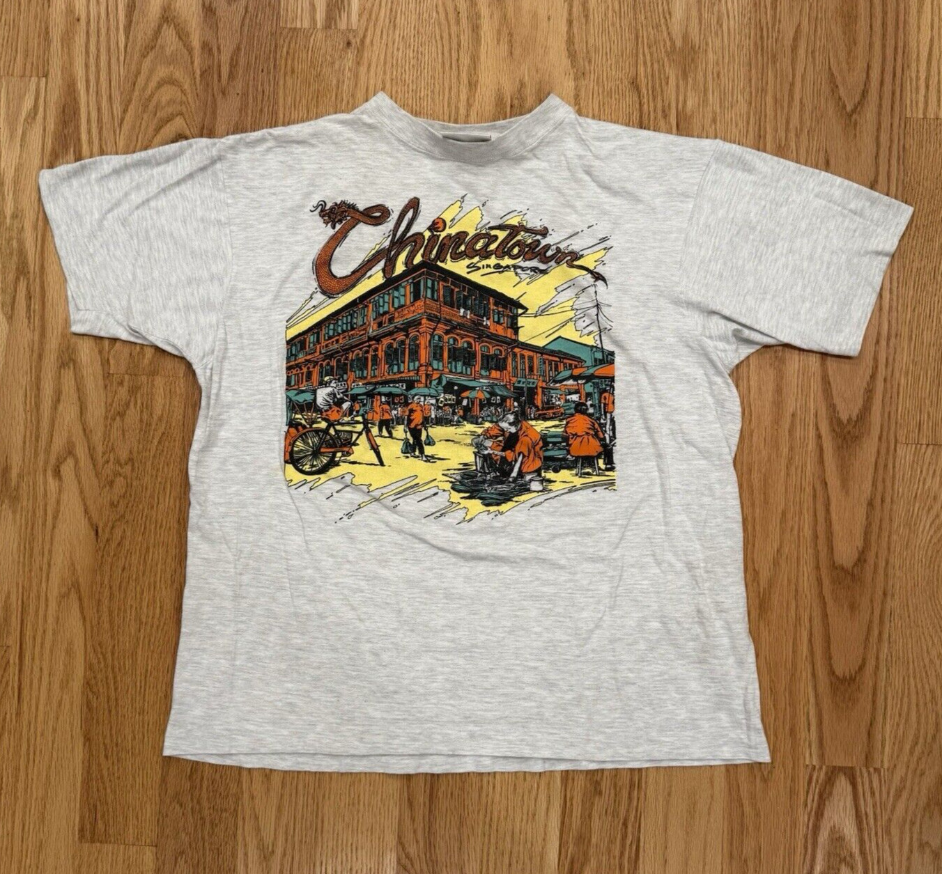 Super Cool Vintage Single Stich Singapore Chinatown Grey Shirt Size XL VTG
