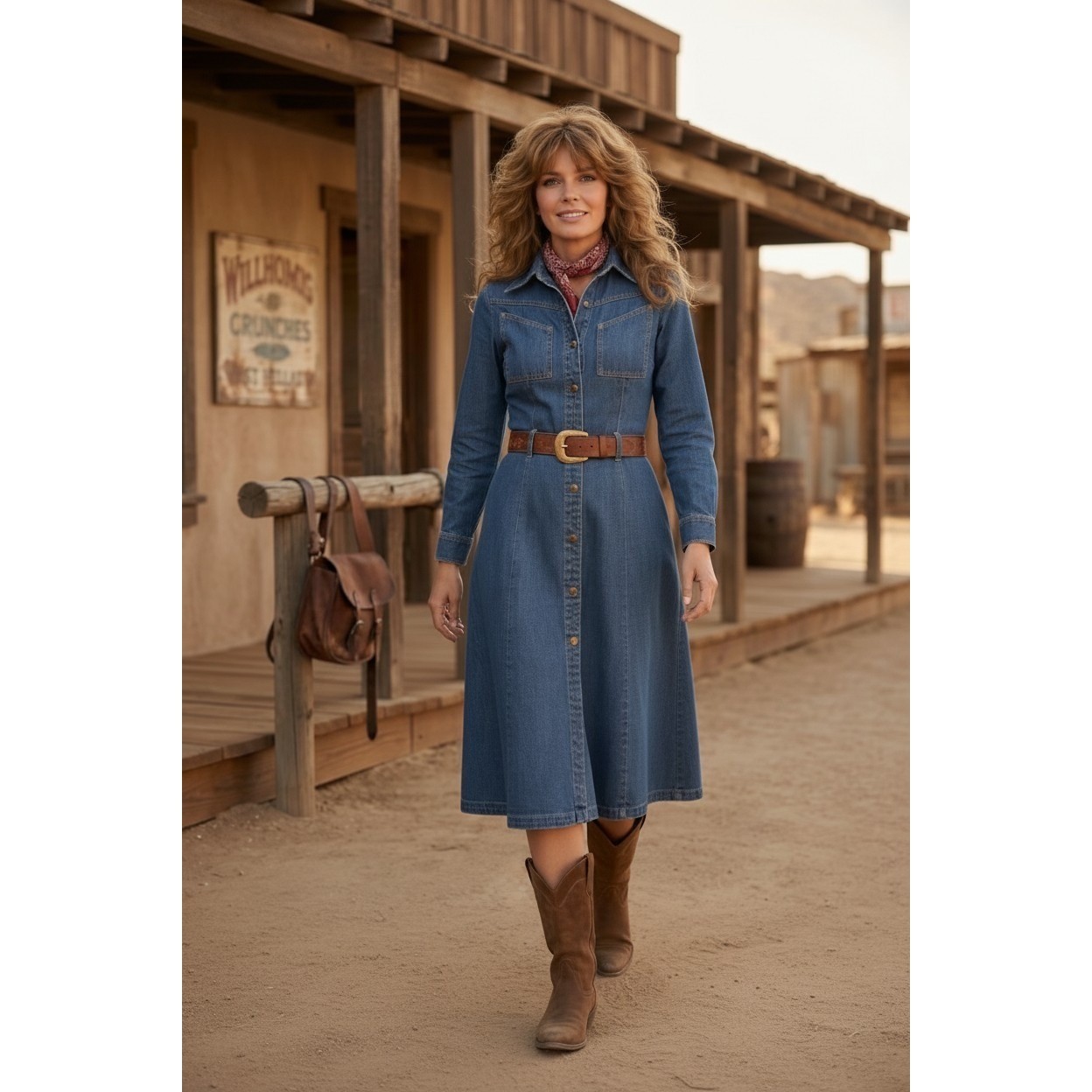 Vintage Landlubber Denim Dress Blue Snap Front Midi 70s Western Long Sleeve 7