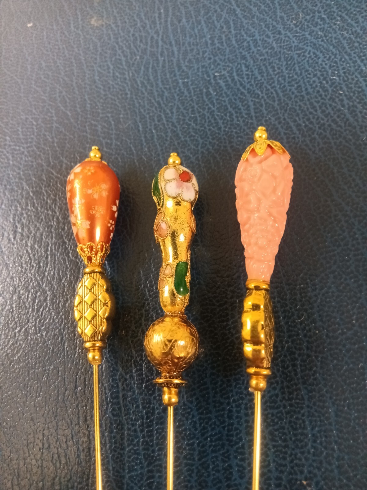 THREE 8″Two Tear Drops and one Cloisonné Topped Victorian Styled Hat Pins