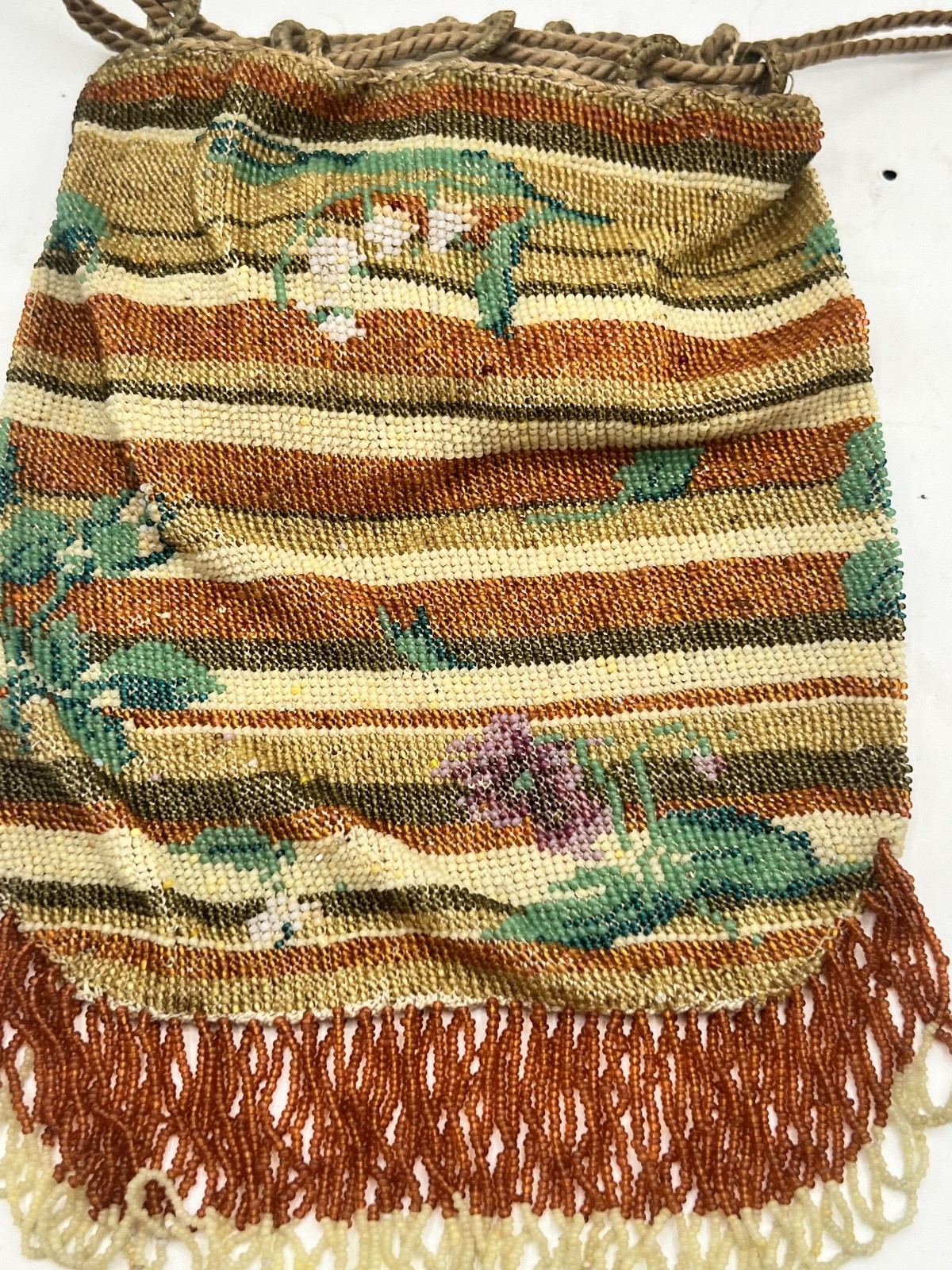 Antique French Victorian Beaded Drawstring purse with floral design & Fringe