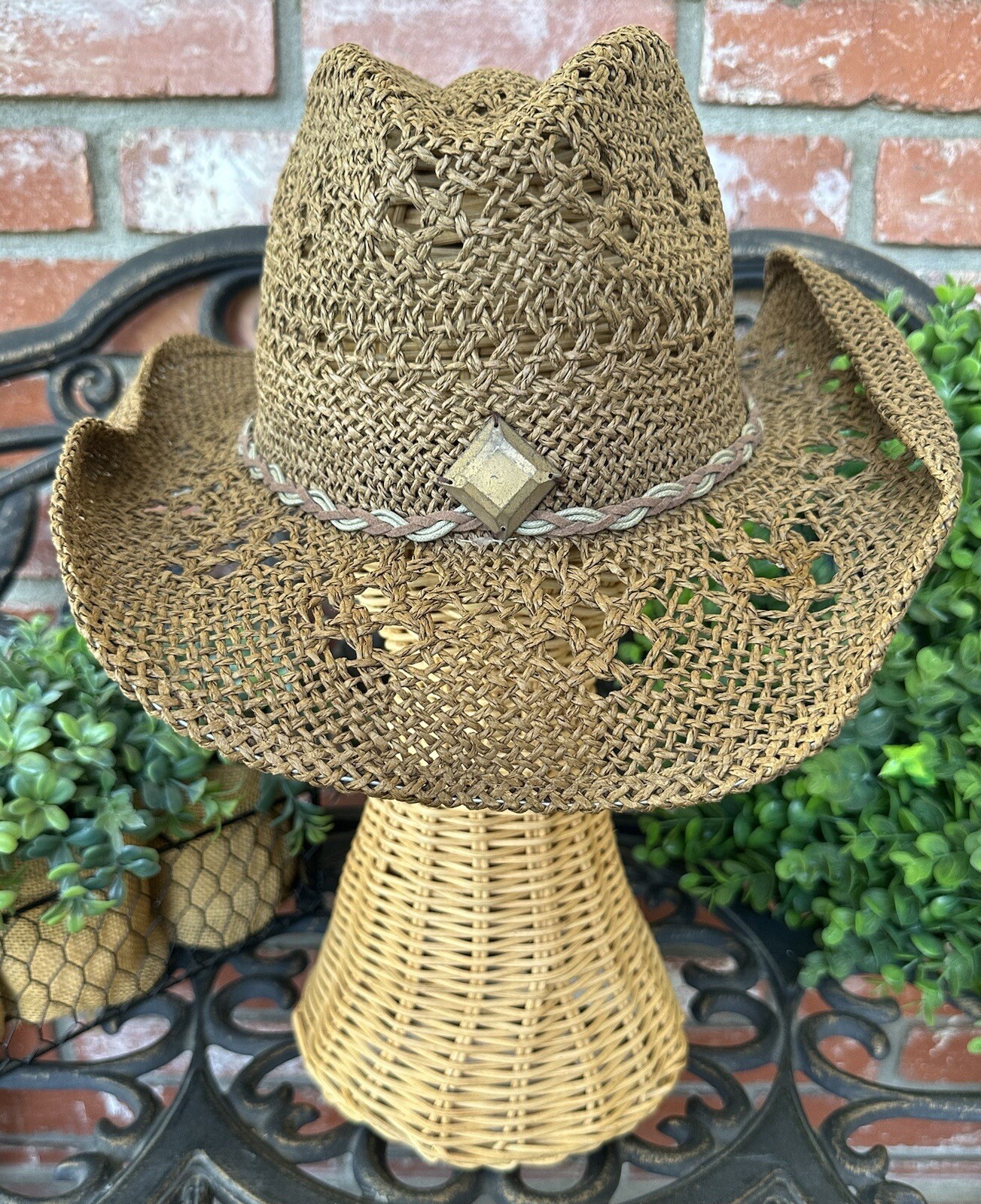 Vintage Bohemian Woven Straw Hat; Brown W/Braided Band & Bronze Charm Accent