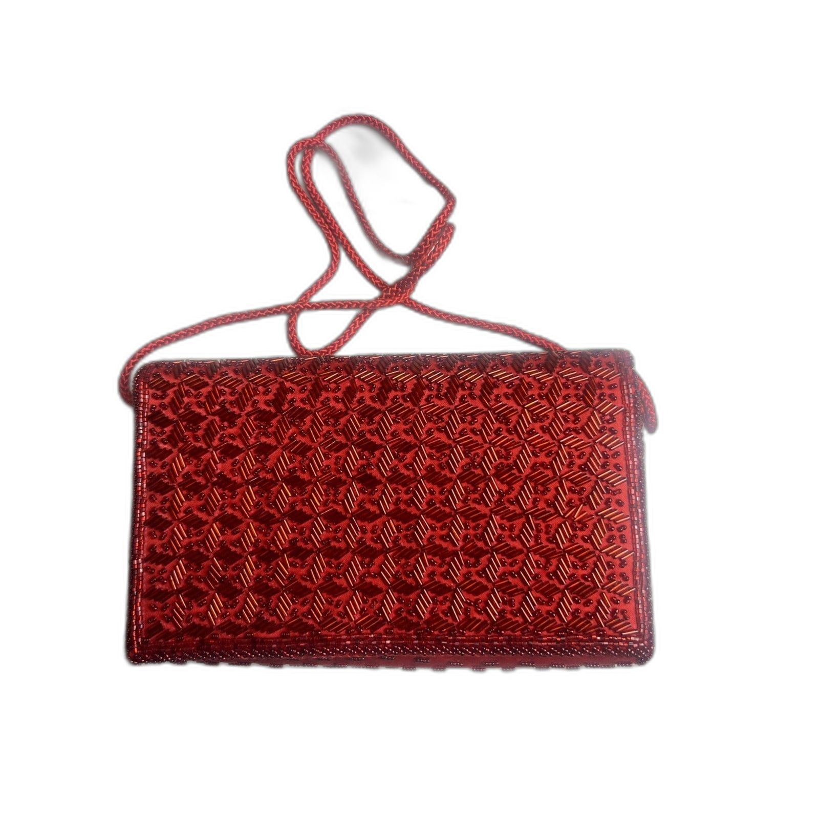 Vintage 80’s Lindsey Blake Red Satin Beaded Clutch Evening Bag Glam:Pre-Owned