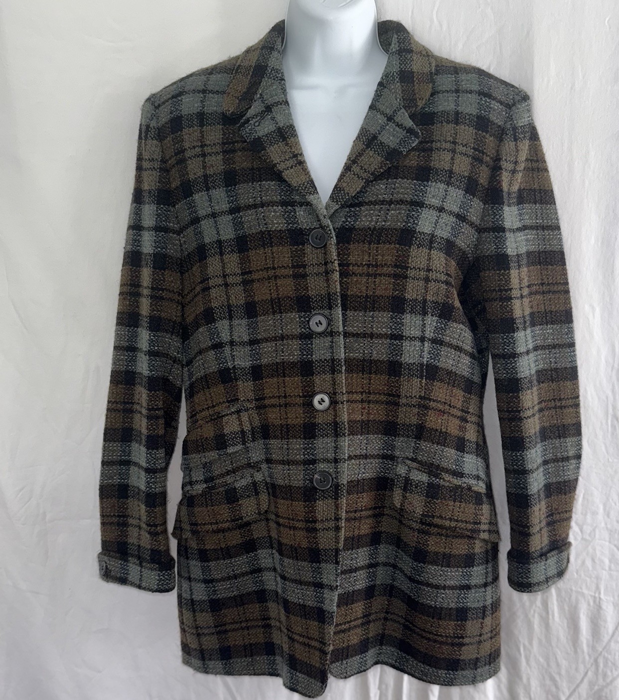 VTG Mondi Blue Green Virgin Wool 4 Button Blazer Poland Made Tartan Plaid Sz 38