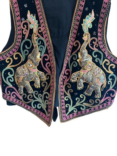 Vtg 90s Artisan Handmade Thai Elephant Vest Beaded 3D Puffed Boho Art to Wear L