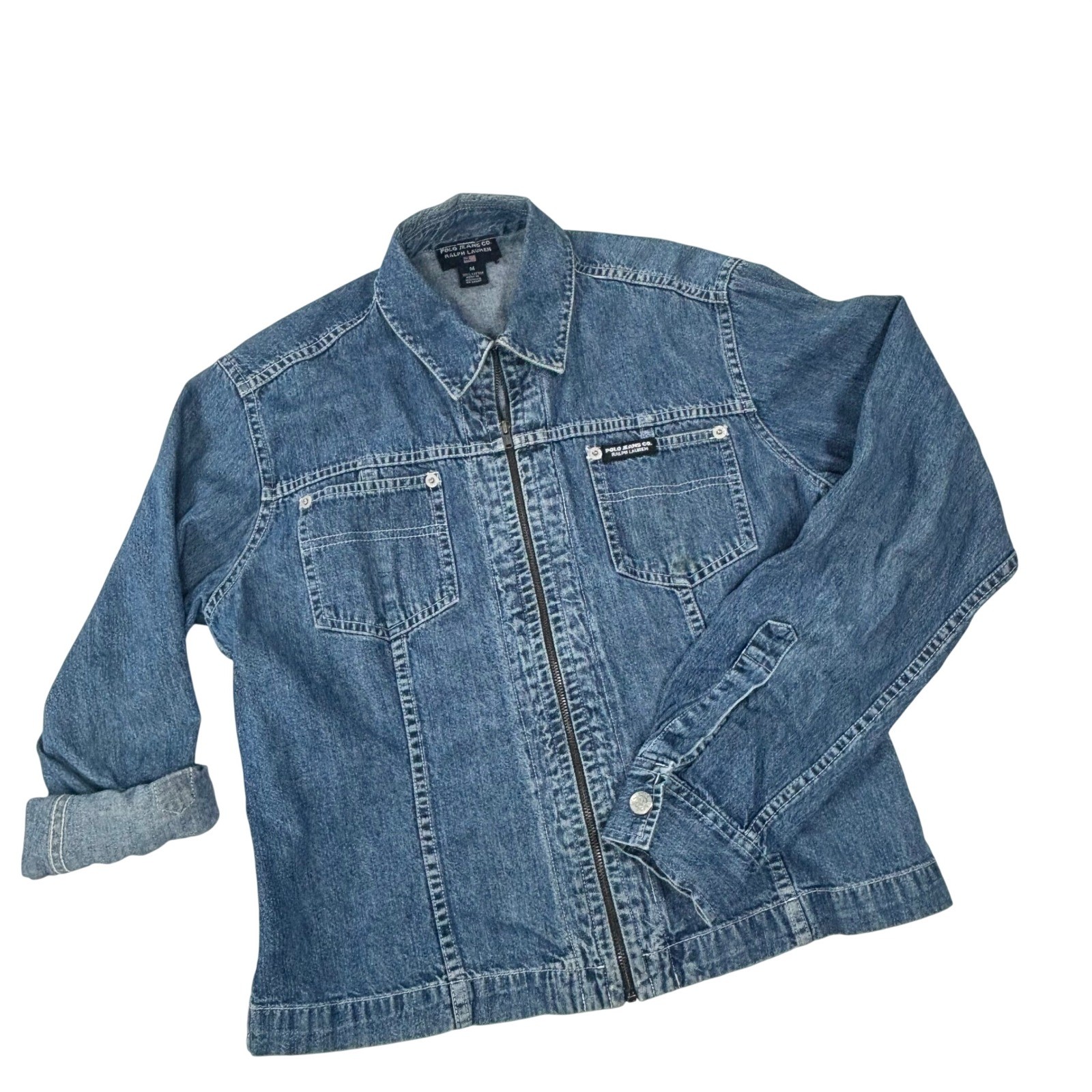 VTG Polo Ralph Lauren Sz M 10/12 Blue Y2K Denim Zip Up Trucker Jacket Unisex