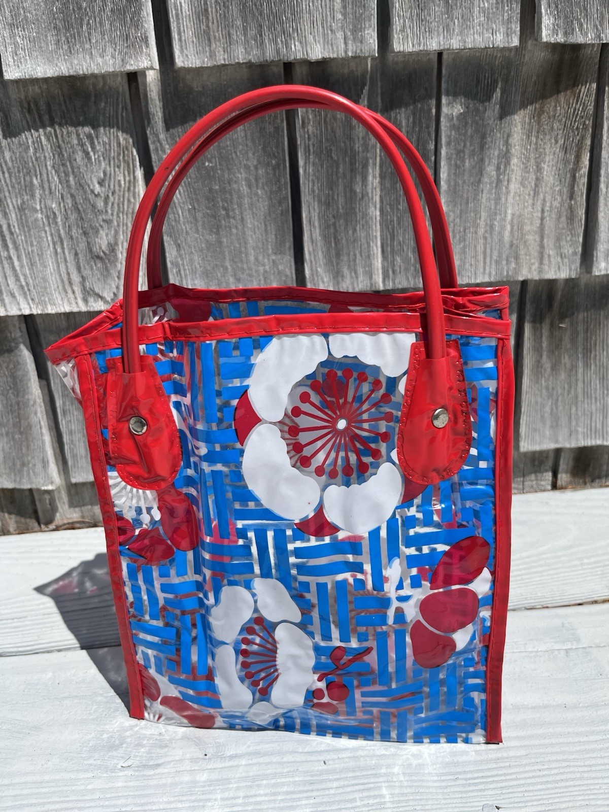 Vintage 1960’s 1970’s Small Clear Vinyl Floral Shopping Tote Bag Mod Flower Powe