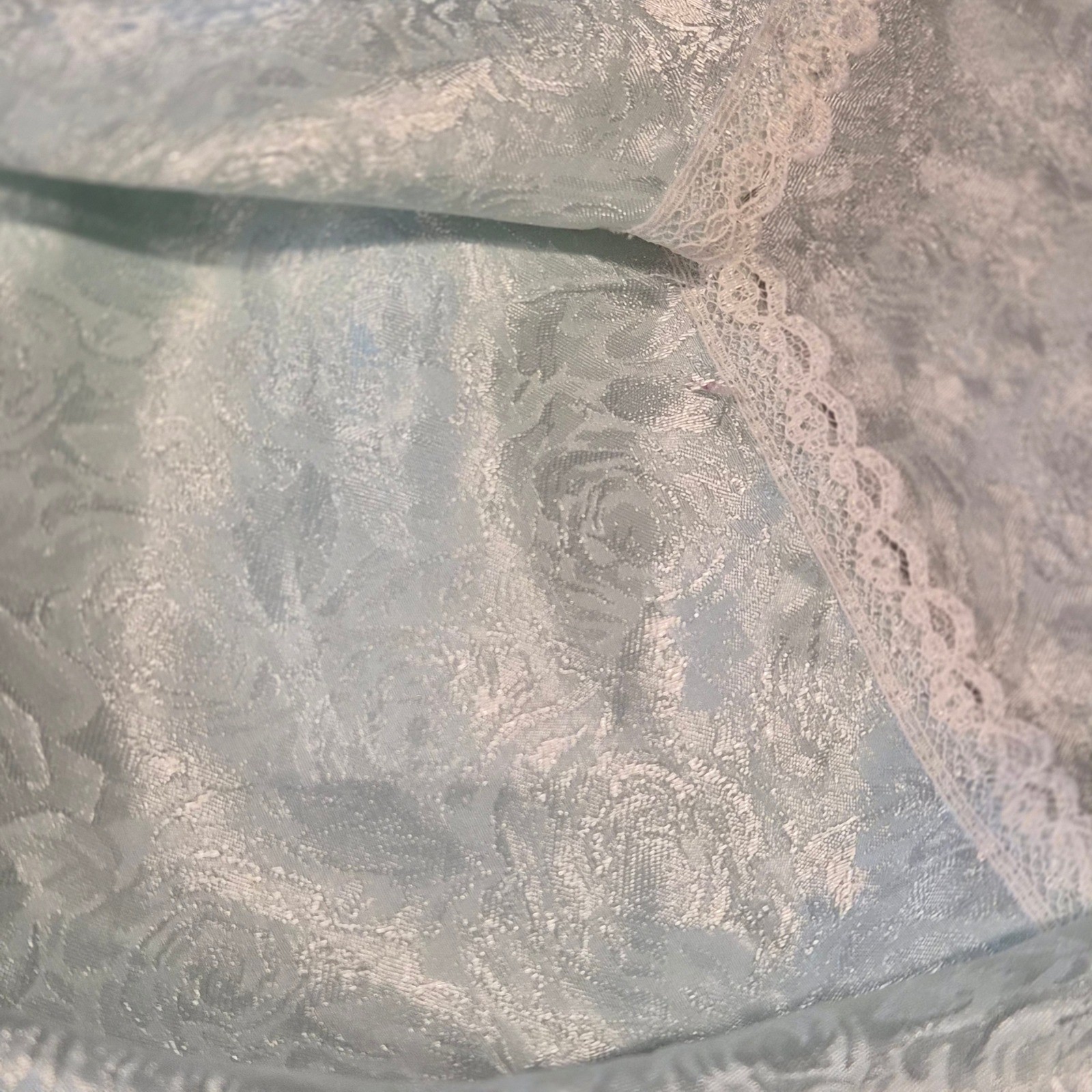 Vintage Floral Satin Jacquard Wrap Robe Light Blue Lace Trim Midi Loungewear