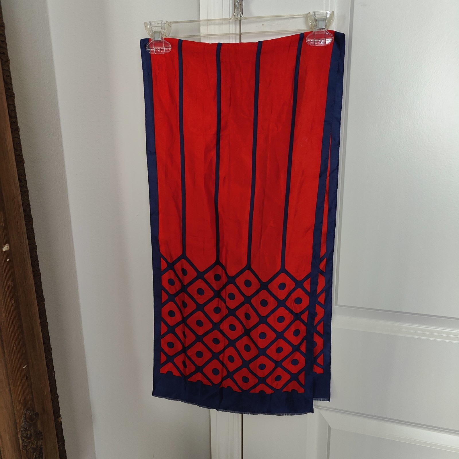 St. Michael Vintage 60s Mod Rayon Twill Fringe Scarf Made In Italy Red/Blue