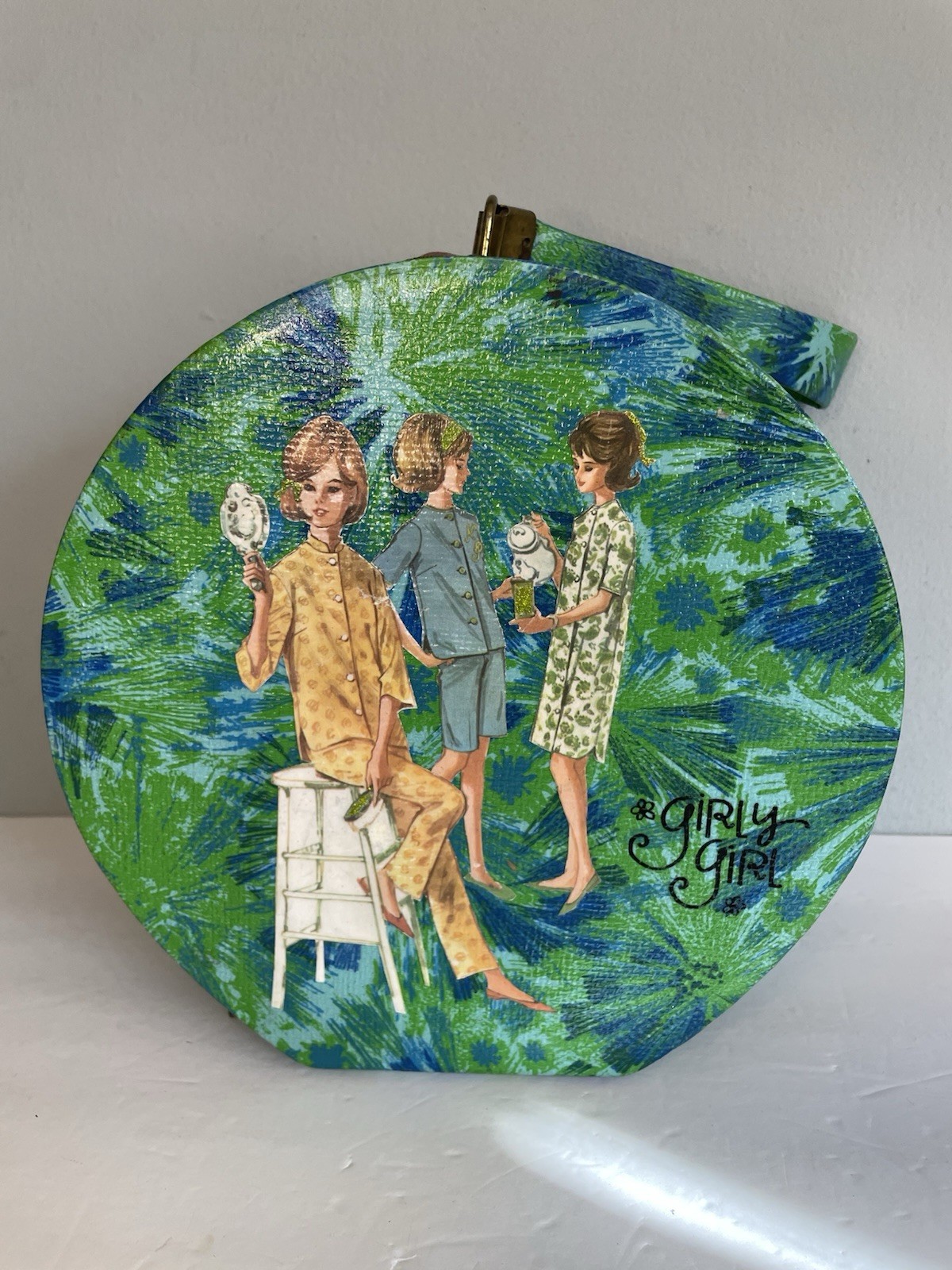 Vintage MCM SWIFT Round Hat Box Makeup Carry Case Blue/Green Floral Girly Girls!