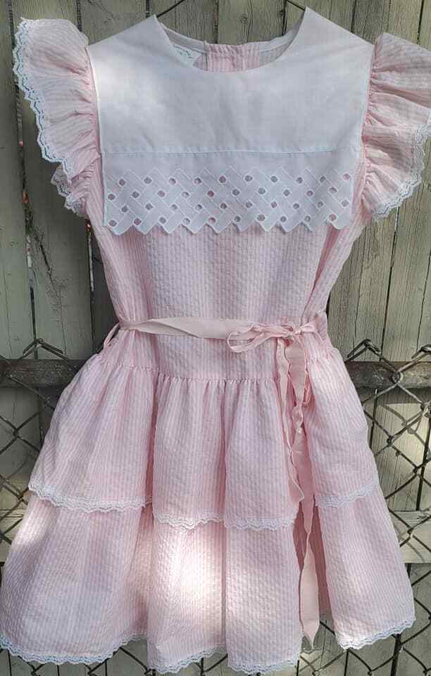 Vtg Pink Pinstripe Candystripe Eyelet Smocked Girls Dress 6X Pageant Charm Dress