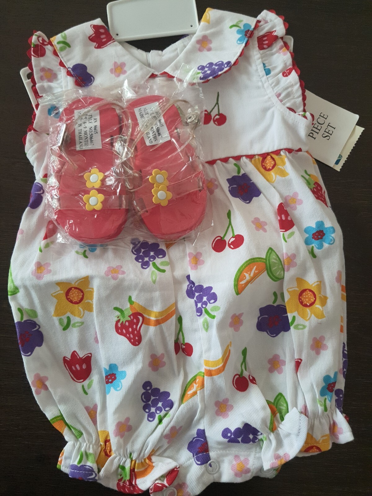 Vintage baby togs romper fruits pattern daisie sandals 6 9 mths embroidery Set